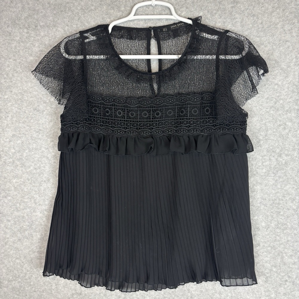 ZARA BASIC COLLECTION Black Pleated Lace Trimmed Cap Flutter Sleeve Blouse Sz S